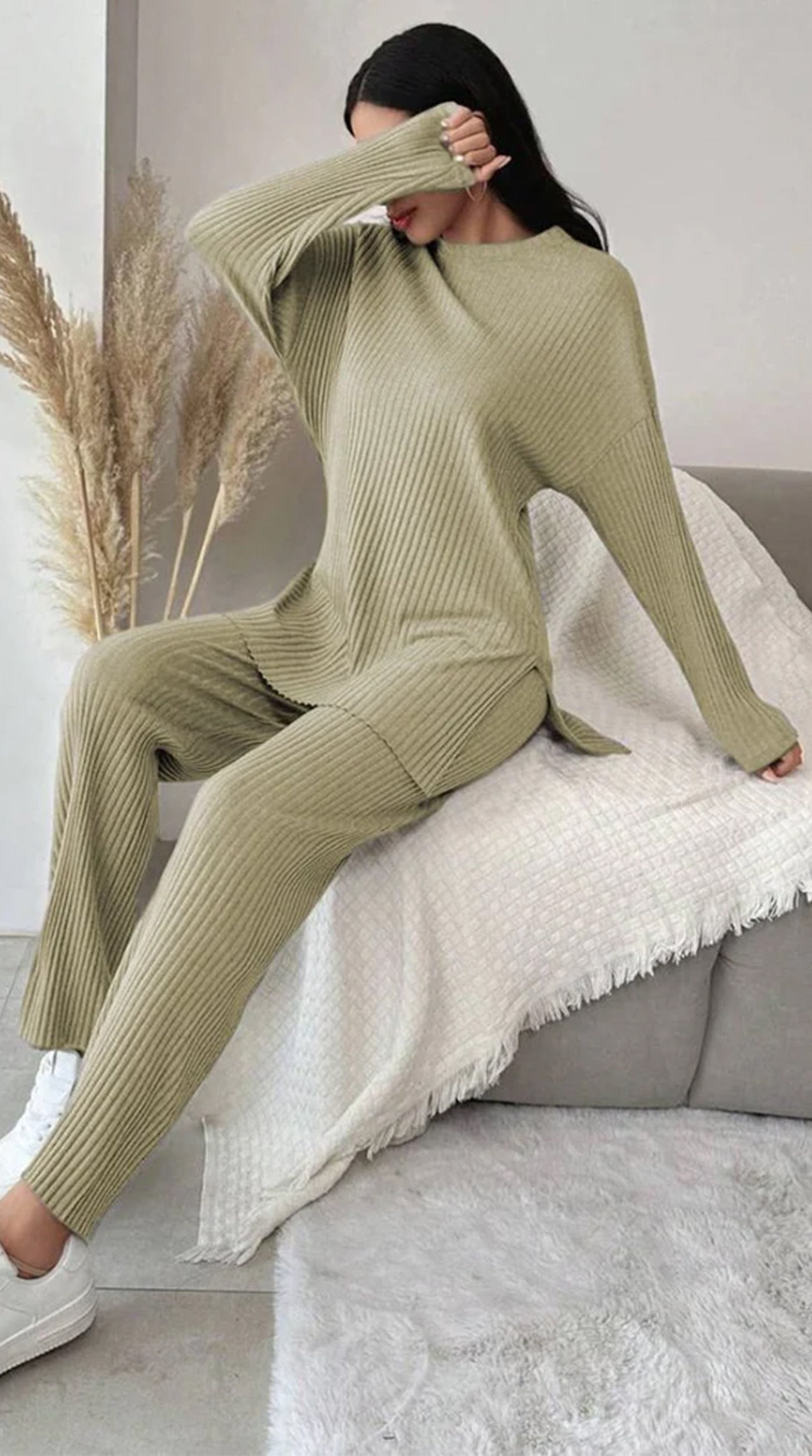 Olive Green Cotton Ribbed Co-Ord Set