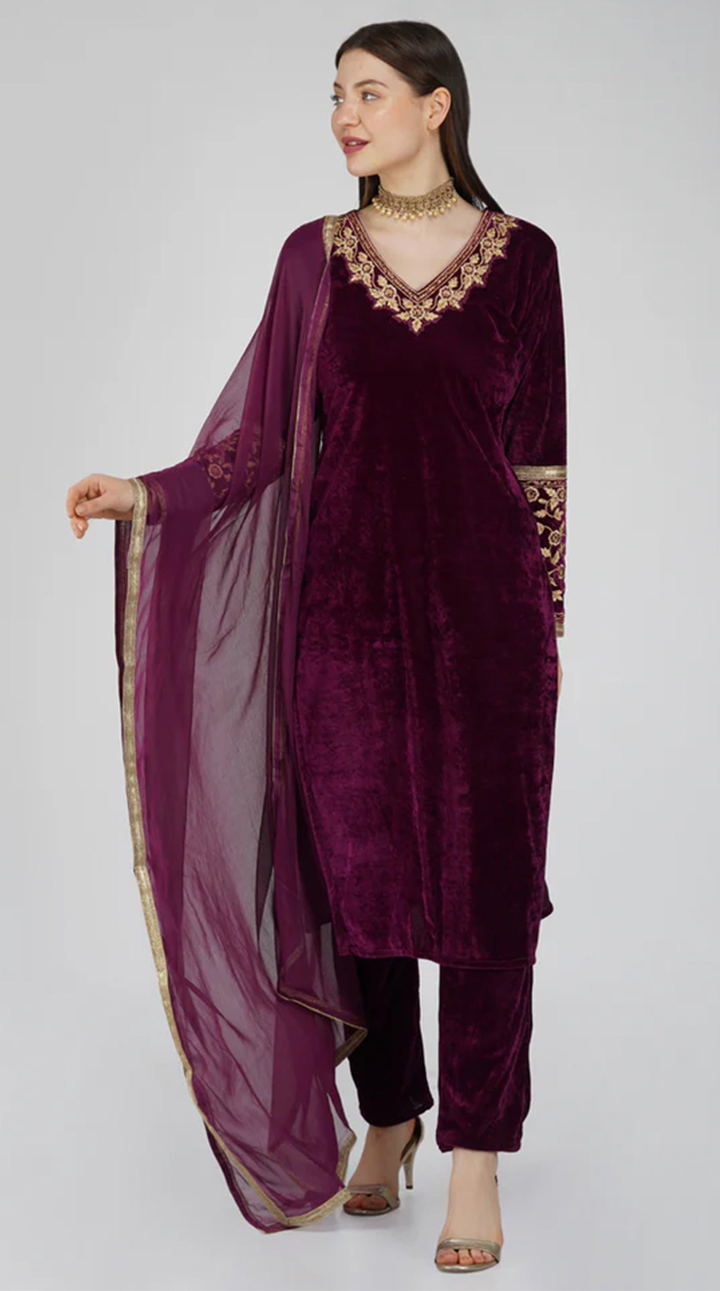 Wine Velvet Straight Cut Trouser Suit Set