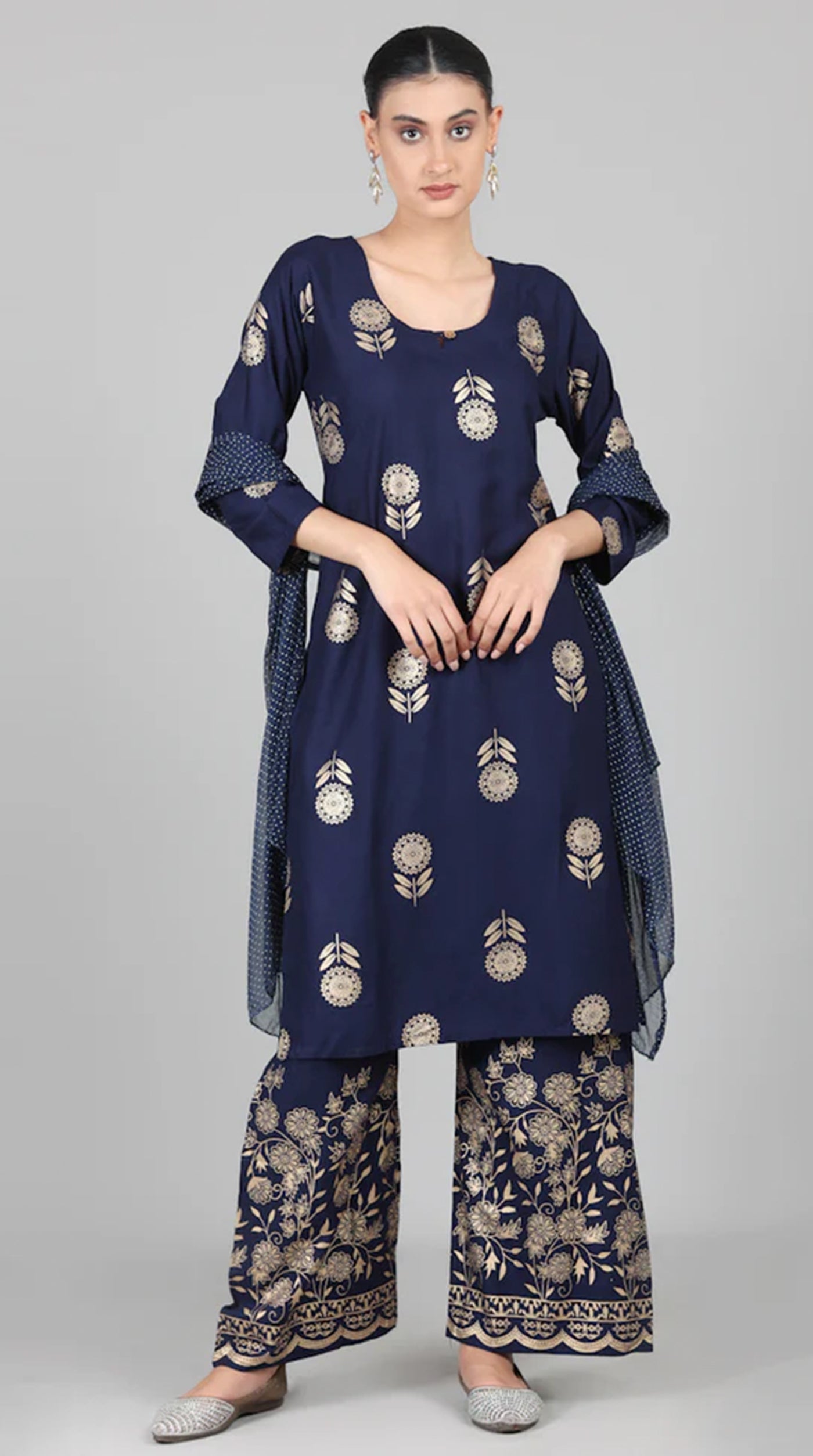 Navy Blue Foil Printed Suit Set