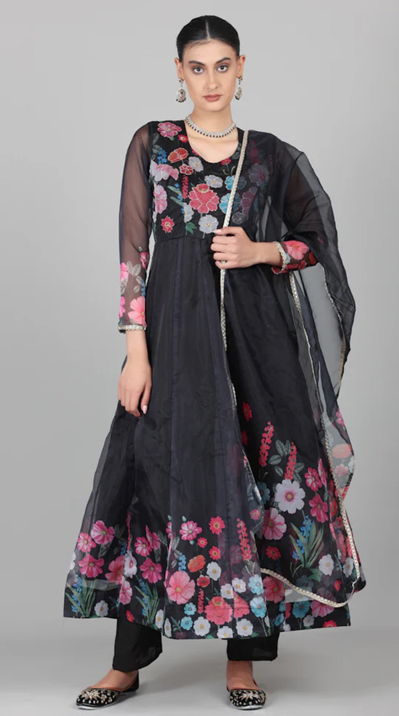Black Organza Floral Printed Suit Set