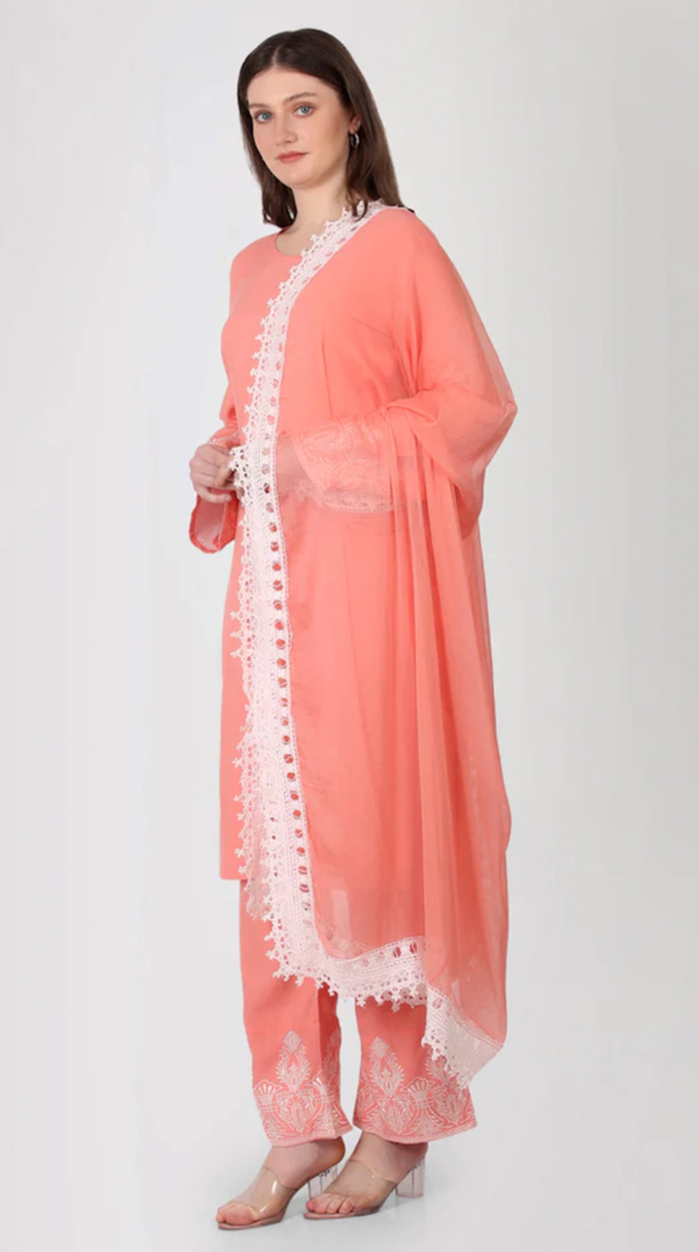 Peach Rayon Crochet Lace Suit Set