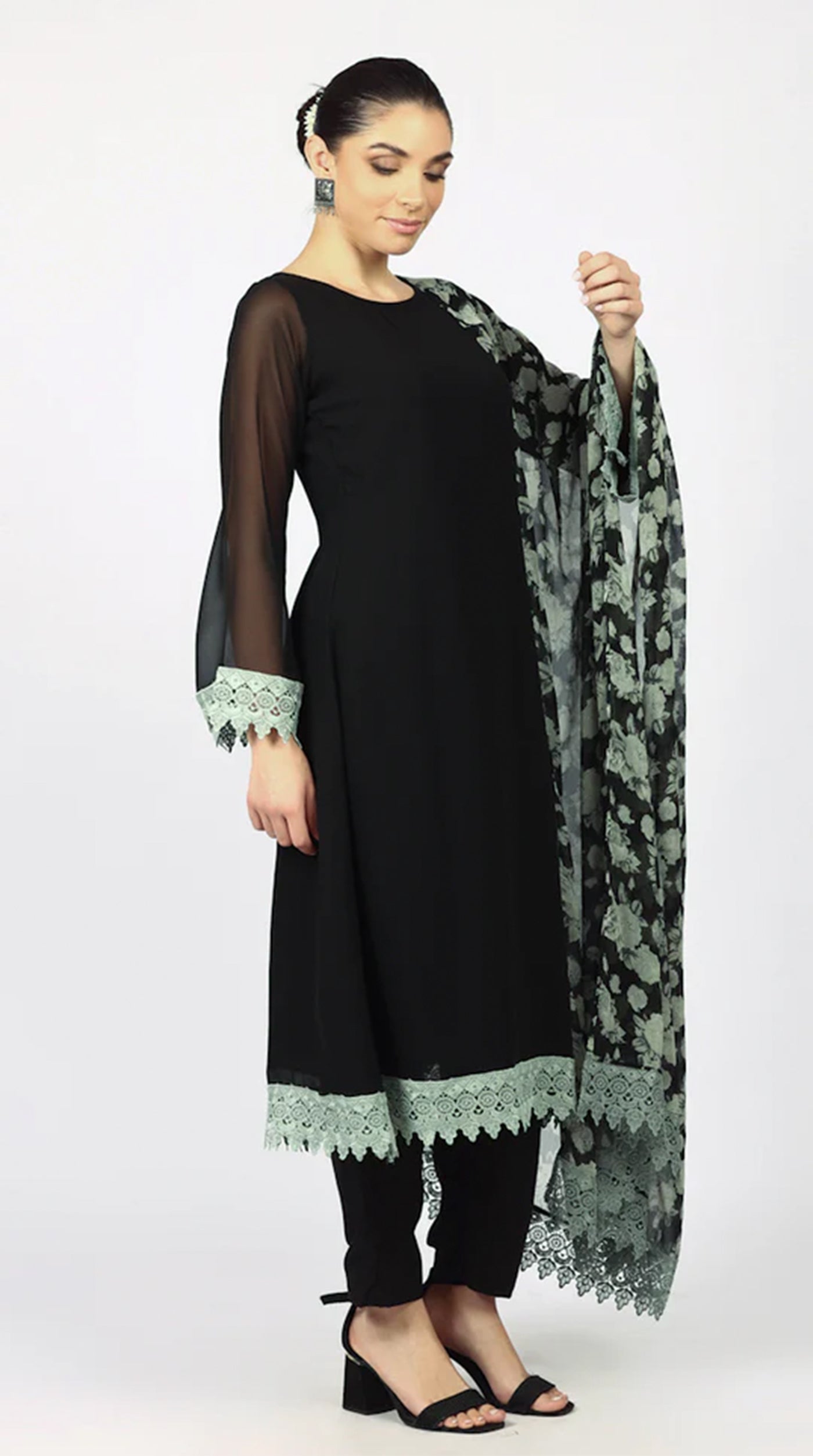 Black Georgette Printed Dupatta Suit Set