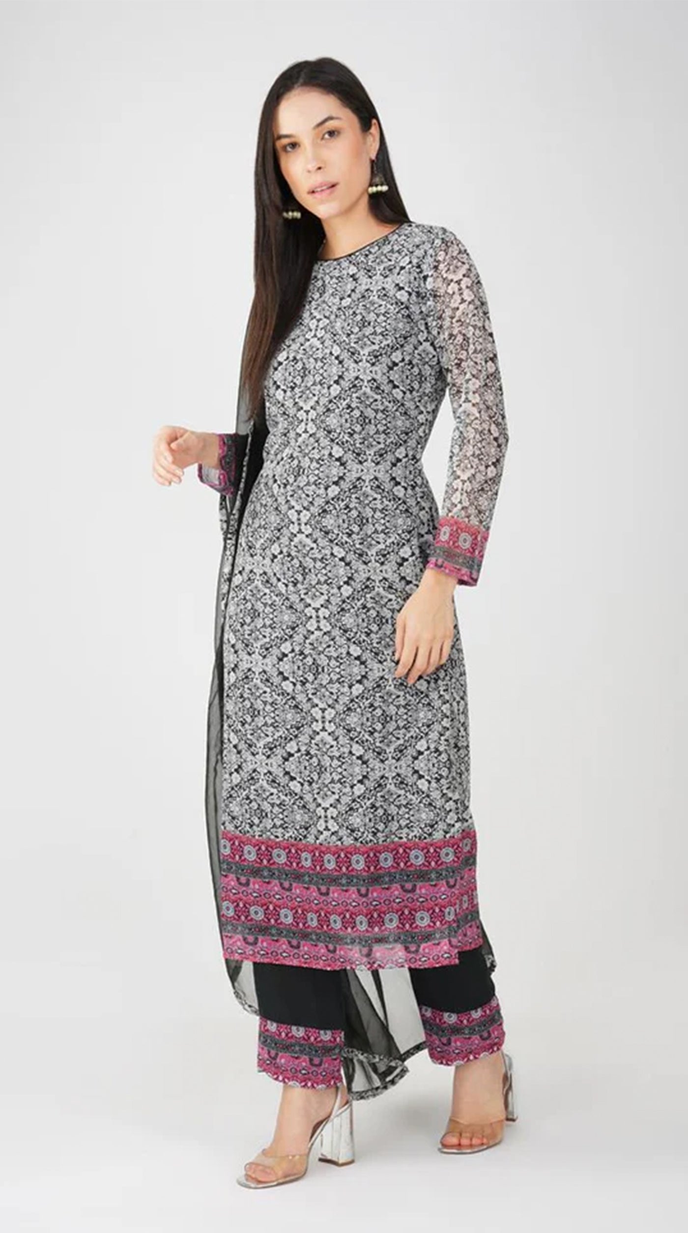 Beige Printed Georgette Suit Set