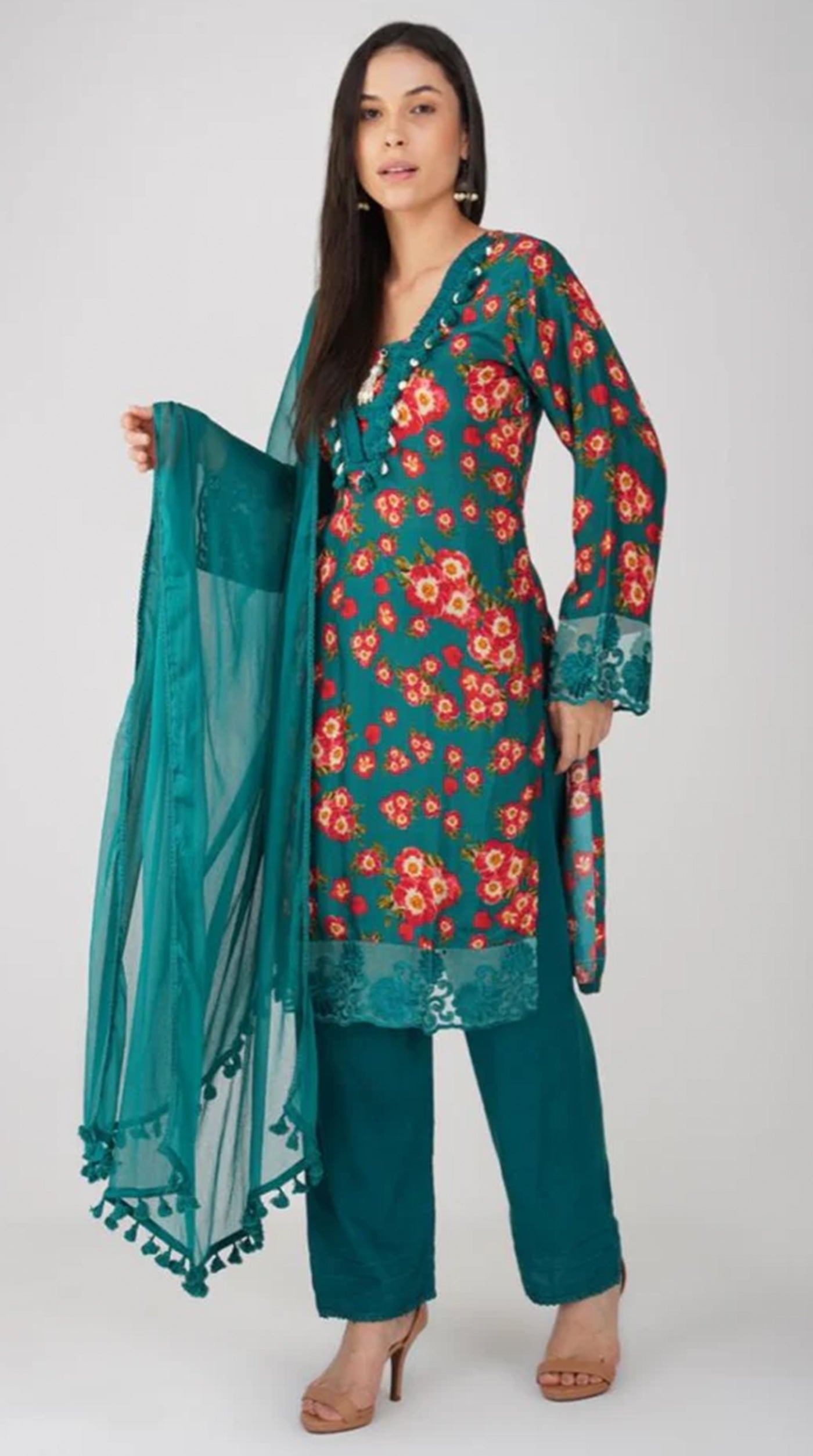 Teal Muslin Printed Suit Set