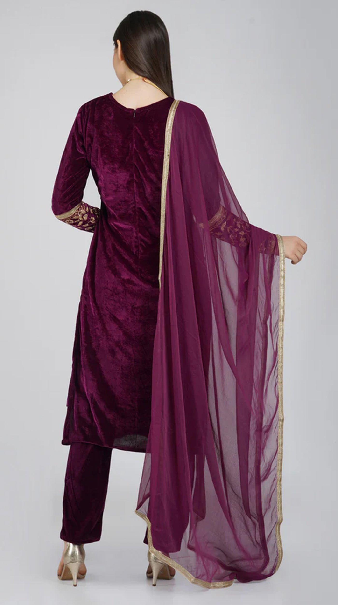Wine Velvet Straight Cut Trouser Suit Set