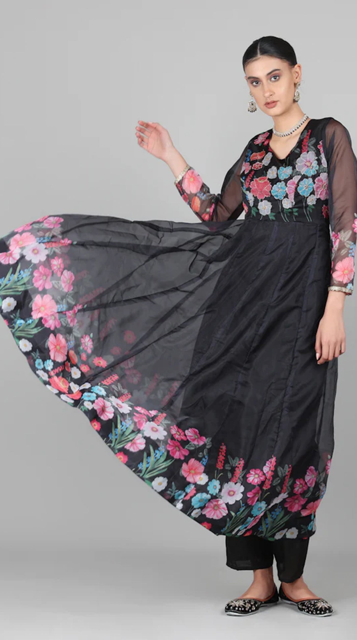 Black Organza Floral Printed Suit Set