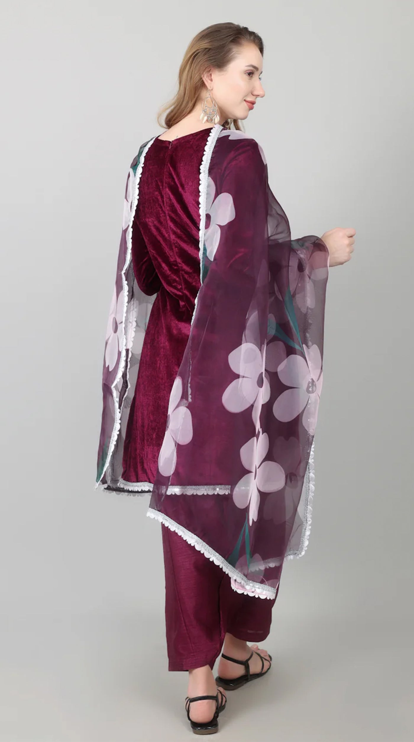 Wine Velvet Printed Dupatta Suit Set