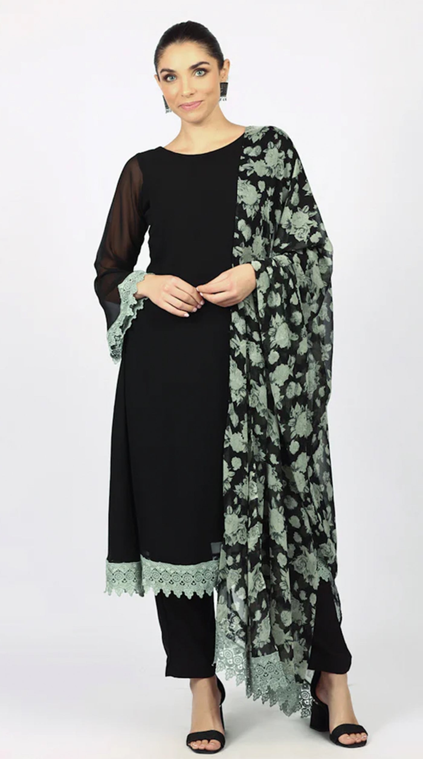 Black Georgette Printed Dupatta Suit Set