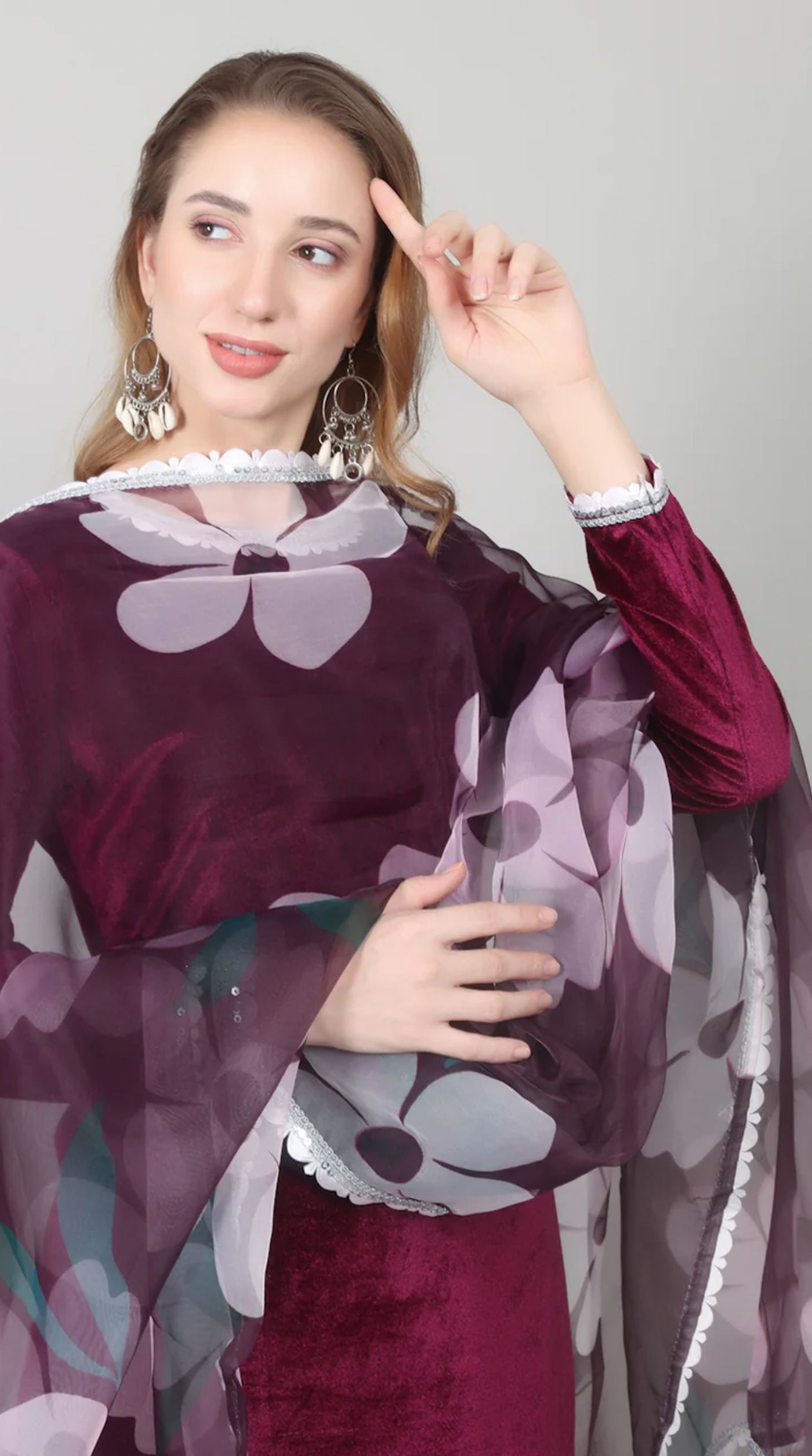 Wine Velvet Printed Dupatta Suit Set