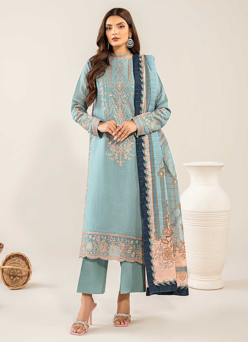 Sky Blue Thread Embroidered Suit Set