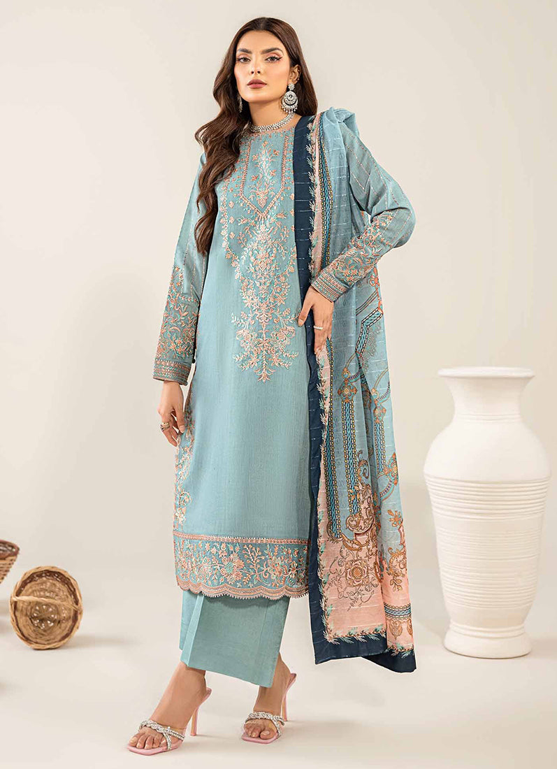 Sky Blue Thread Embroidered Suit Set