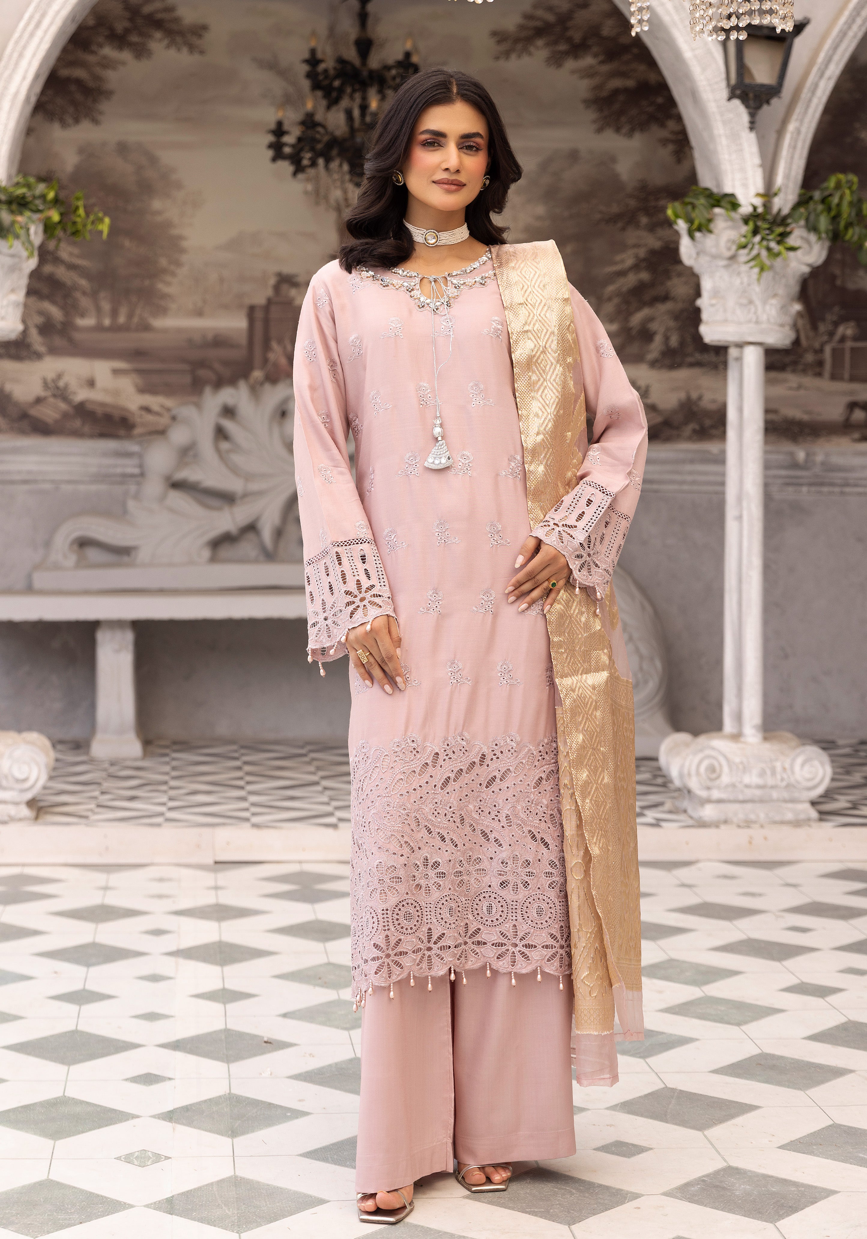 Women’s Light Pink Chikankari Embroidered Suit with Jacquard Dupatta