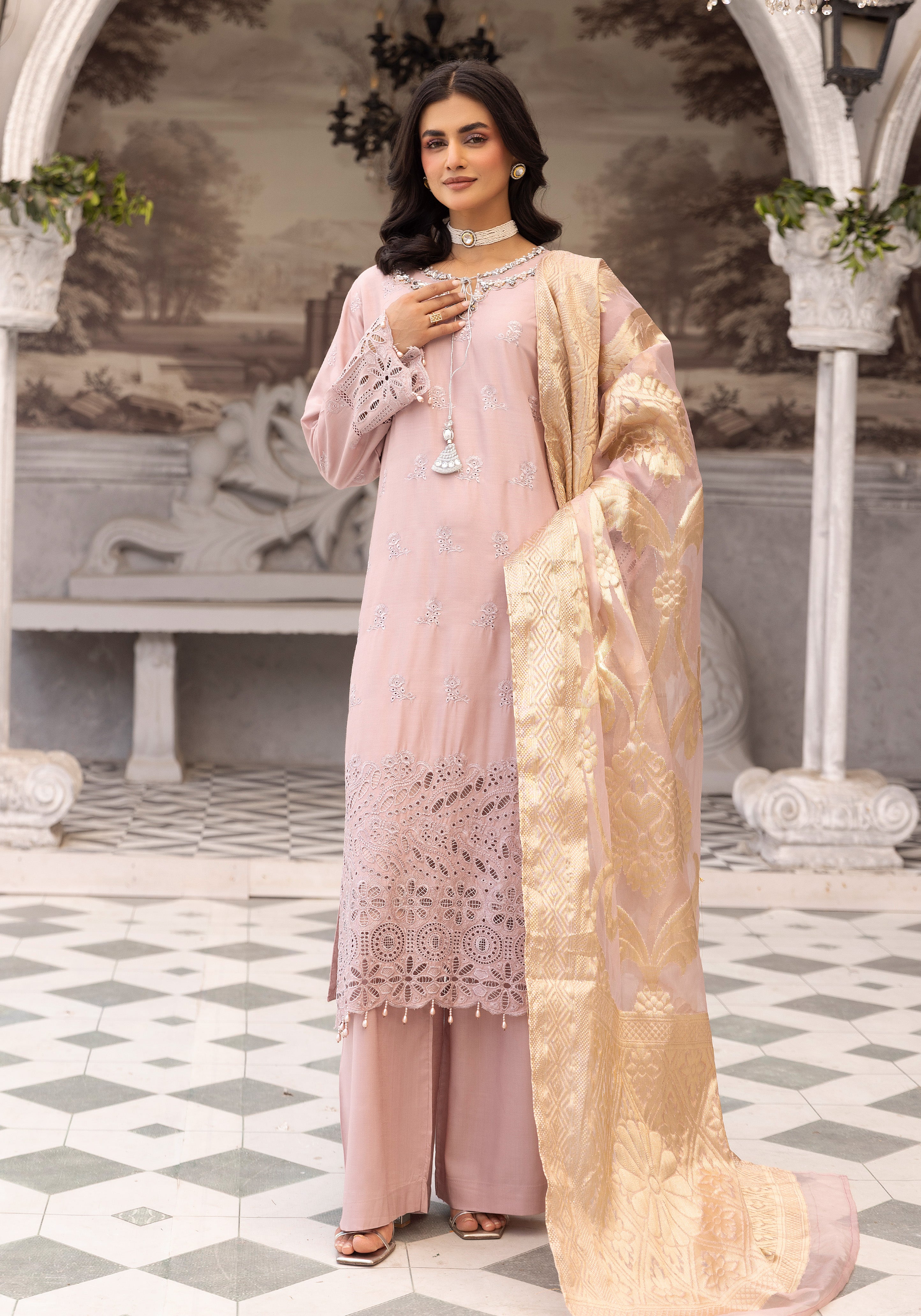 Women’s Light Pink Chikankari Embroidered Suit with Jacquard Dupatta