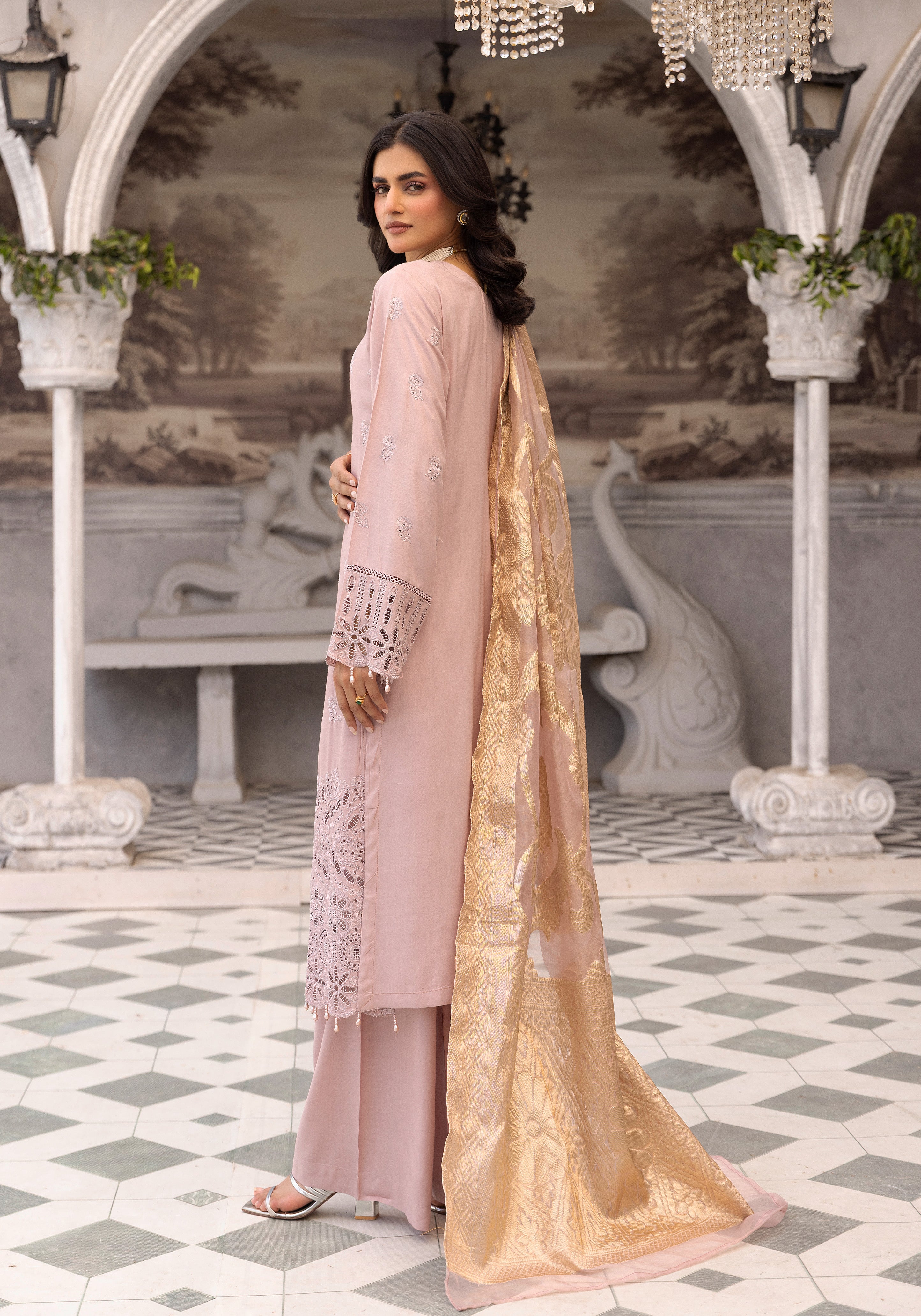 Women’s Light Pink Chikankari Embroidered Suit with Jacquard Dupatta