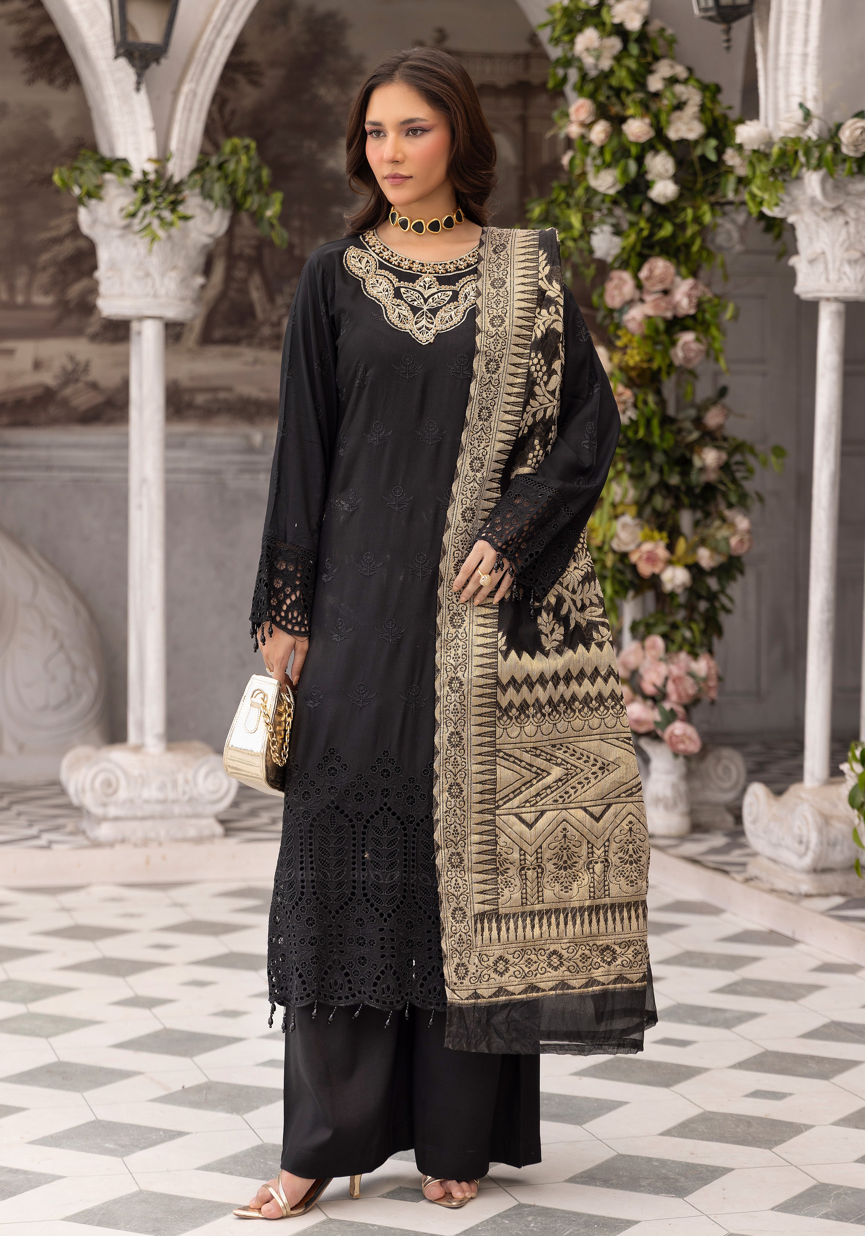 Women’s Black Chikankari Embroidered Suit with Handwork Neckline