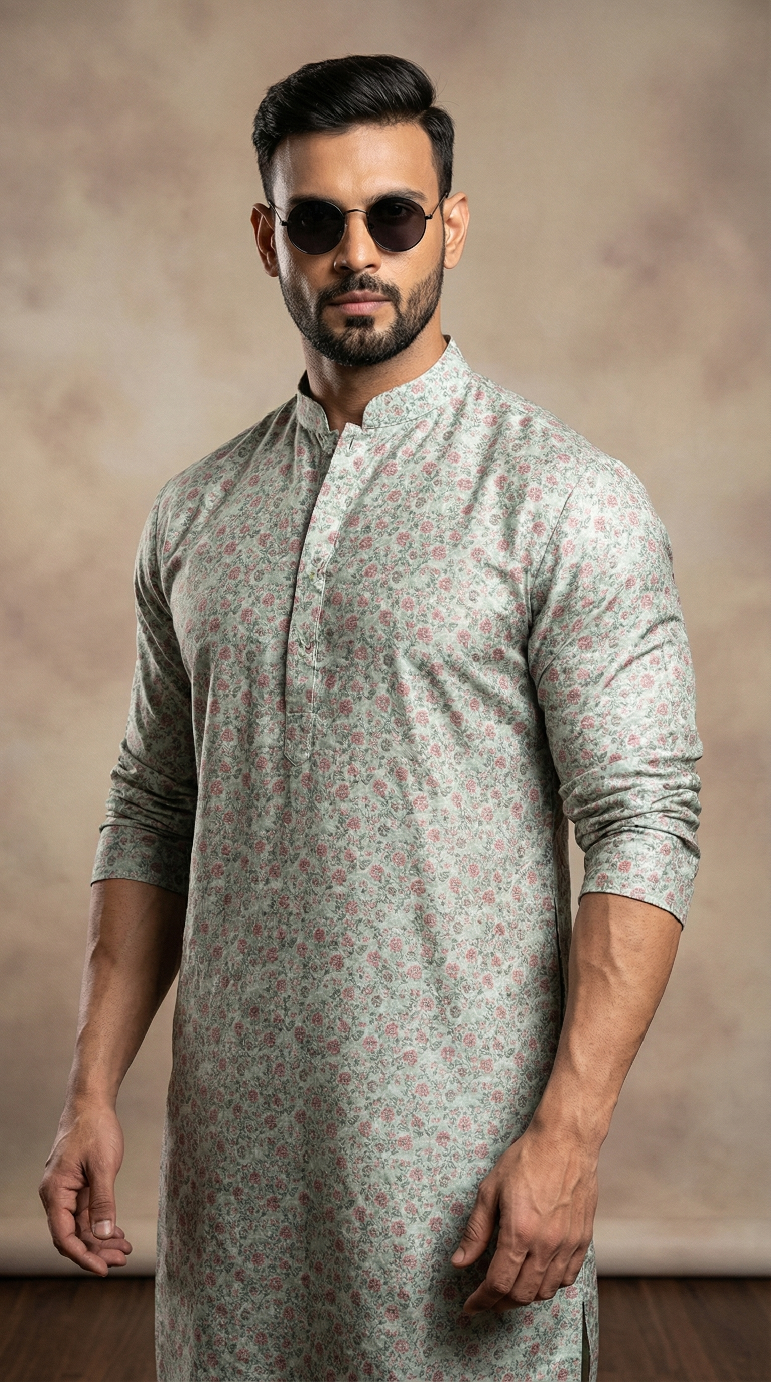 Men's Rose Green Floral Printed Kurta Pyjama Set