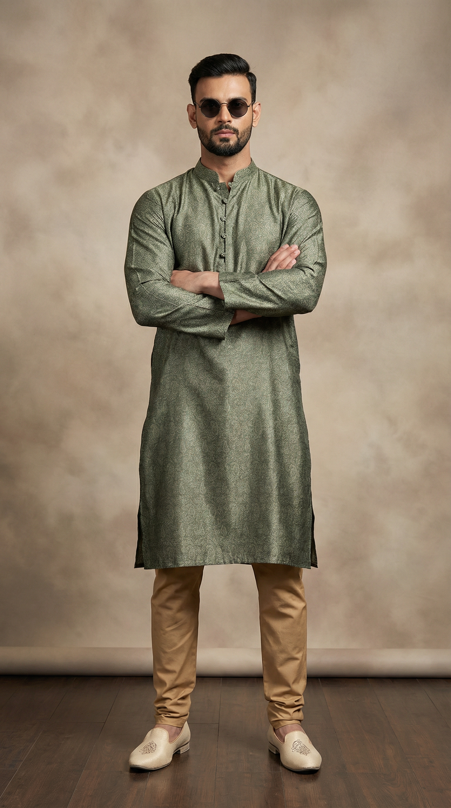 Olive green men’s kurta pajama set in silk fabric with mandarin collar, paired with beige churidar pants and traditional mojari shoes. Premium Indian ethnic wear for men, festive and wedding kurta pajama outfit, modern traditional menswear for celebrations and occasions.