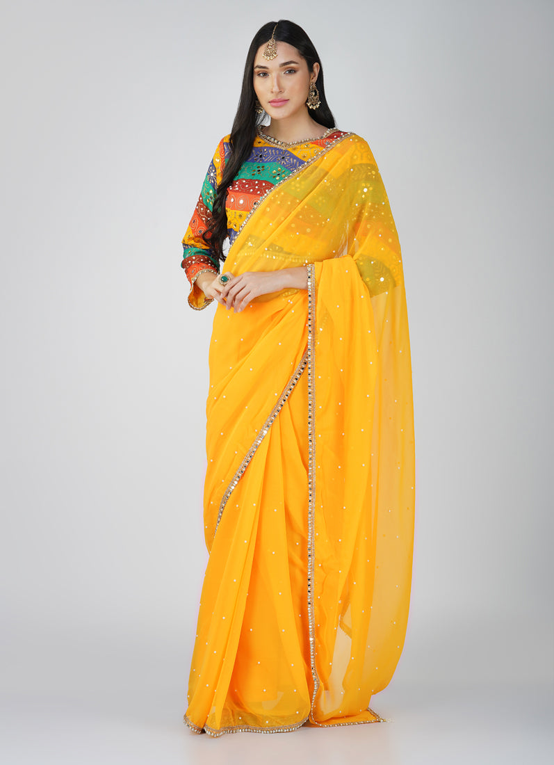 Mustard Georgette Multicolour Blouse Saree Set