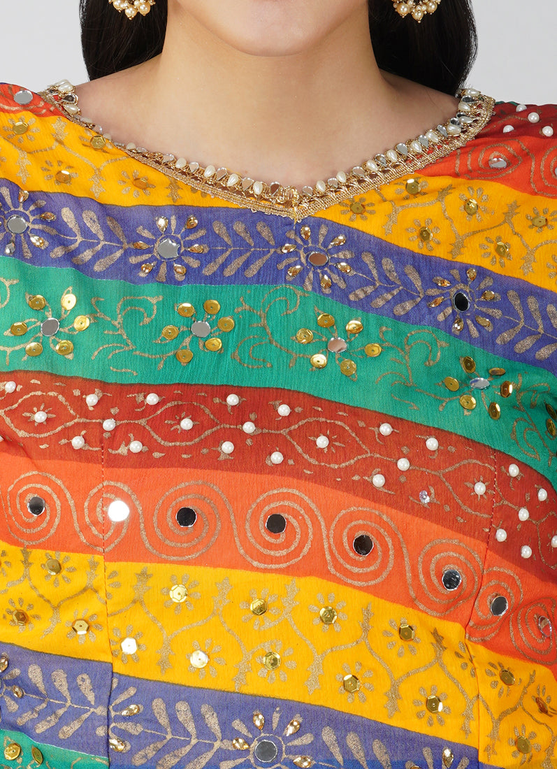 Mustard Georgette Multicolour Blouse Saree Set