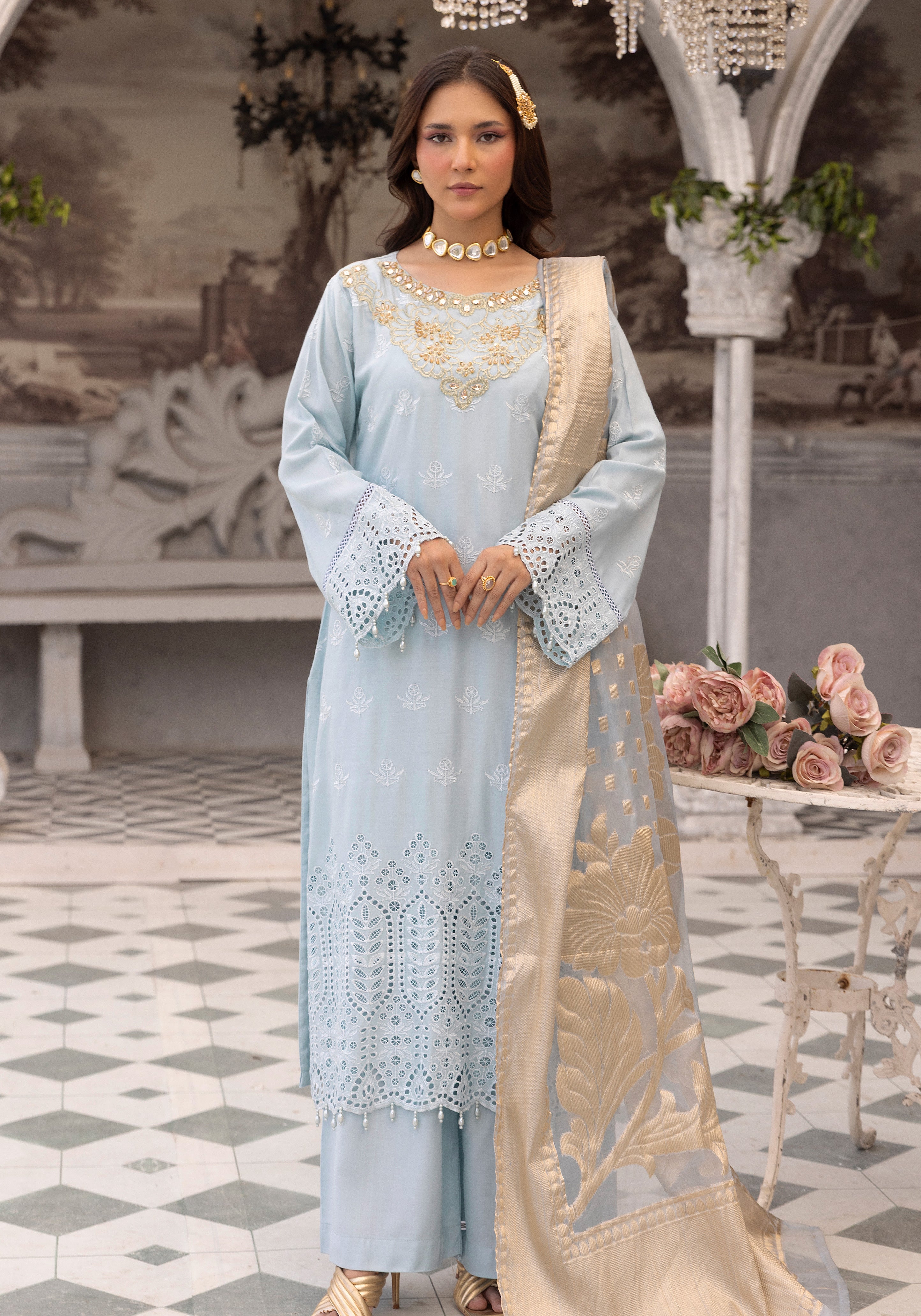 Women’s Light Blue Chikankari Embroidered Suit with Jacquard Dupatta
