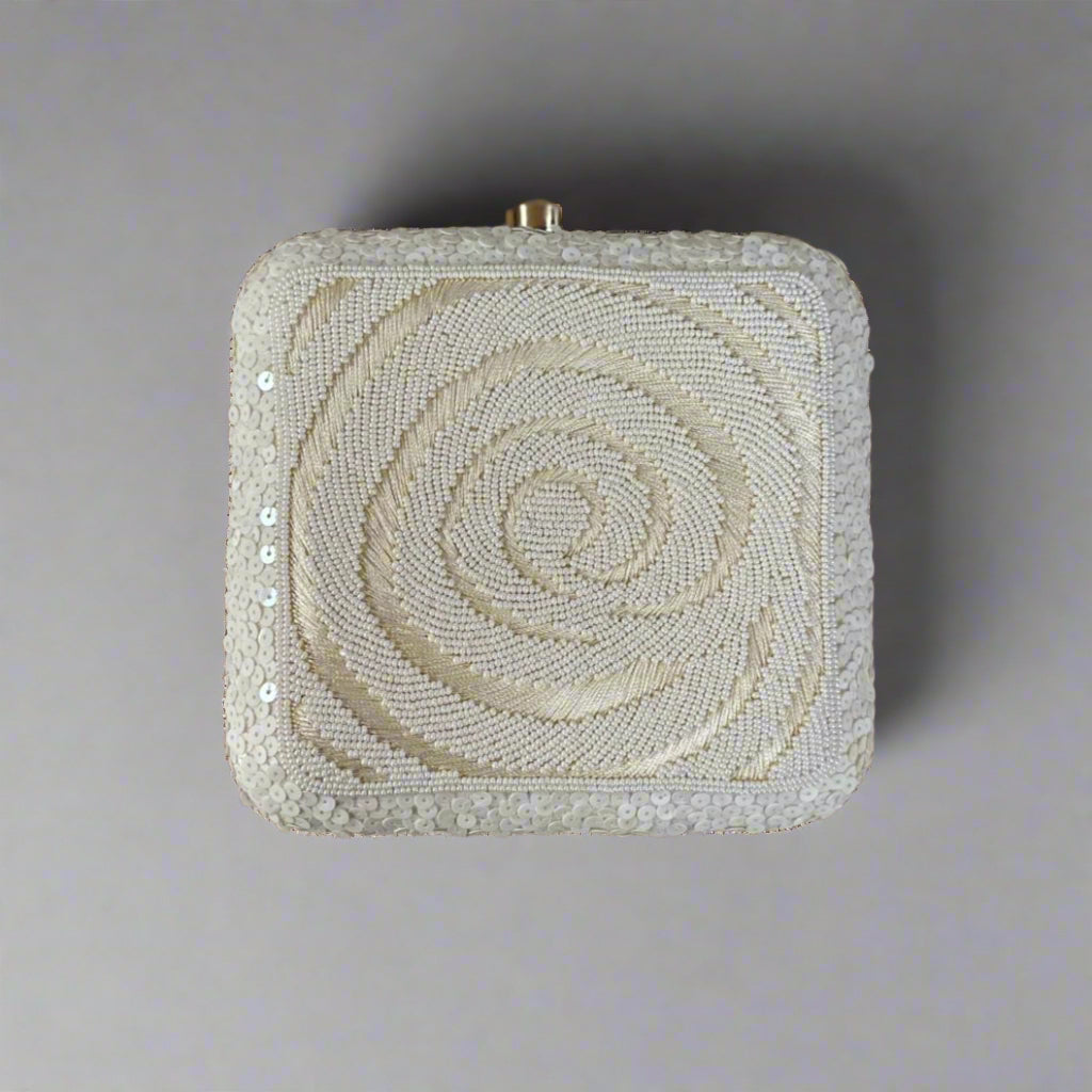 Beaded Octagon Box Clutch-Cream
