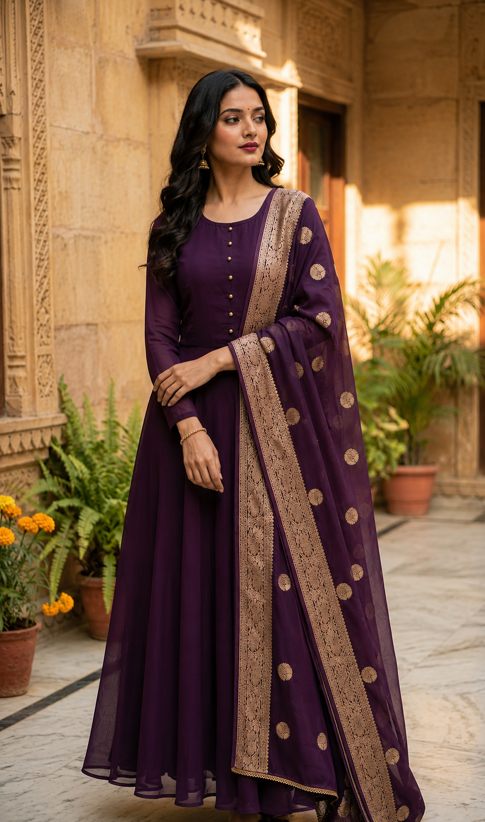 Purple Georgette Bias Cut Suit Set