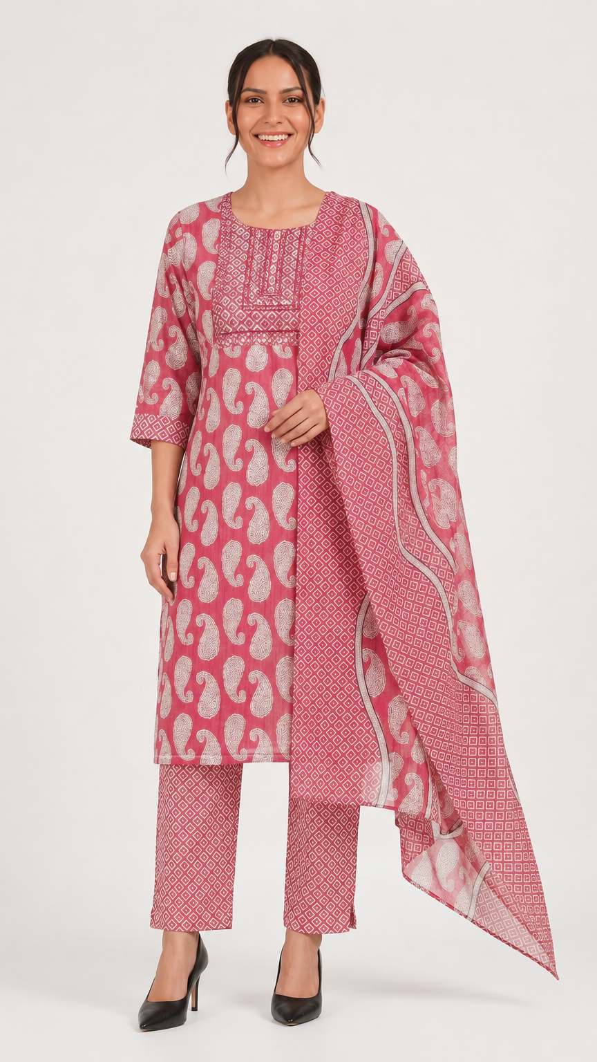 A woman modeling a pink and white printed Indian ethnic suit set, featuring a kurta, matching trousers, and a dupatta, against a plain light gray background.