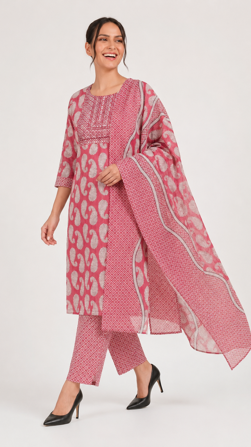 A woman modeling a pink and white printed kurta set with matching pants and a sheer dupatta, photographed against a plain light gray studio background.