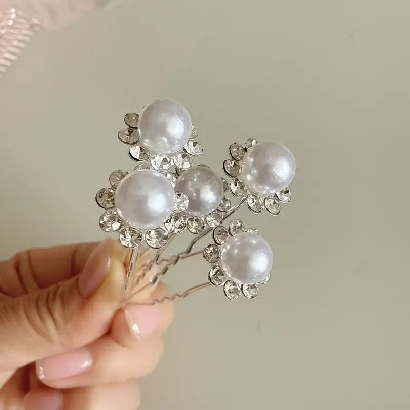 Large Pearl and Silver Diamante Bun Pins