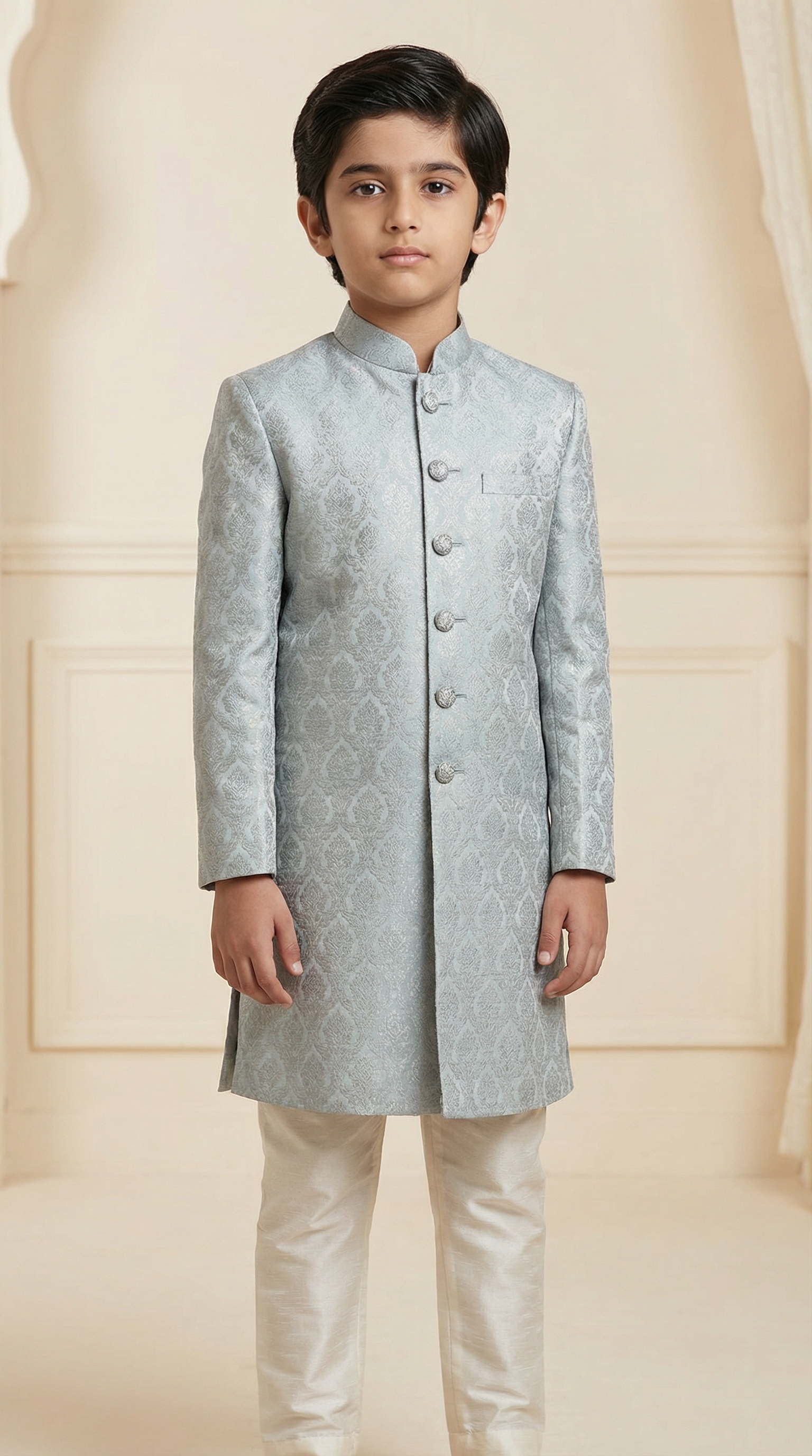 Boy's Light Blue Poly jacquard Shervani Pajama Set