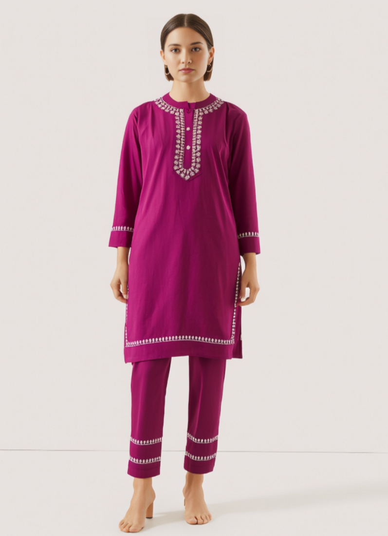 Wine Linen Embroidered Co-ord Set