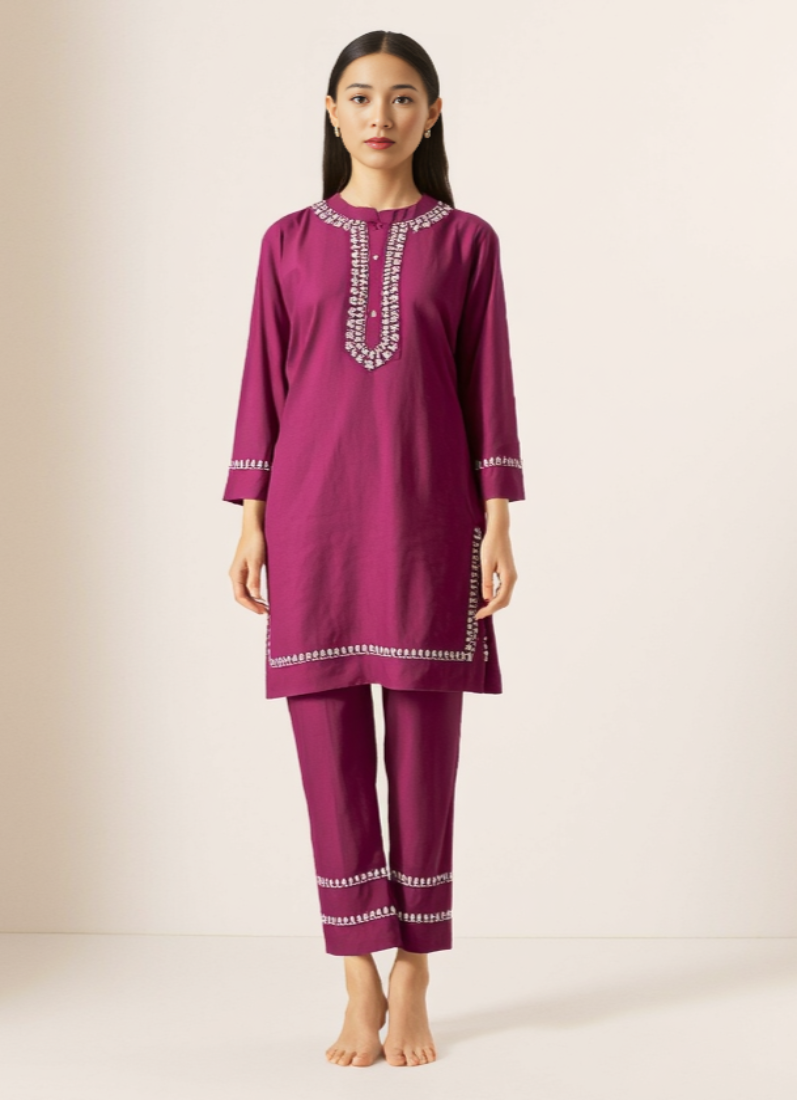 Wine Linen Embroidered Co-ord Set