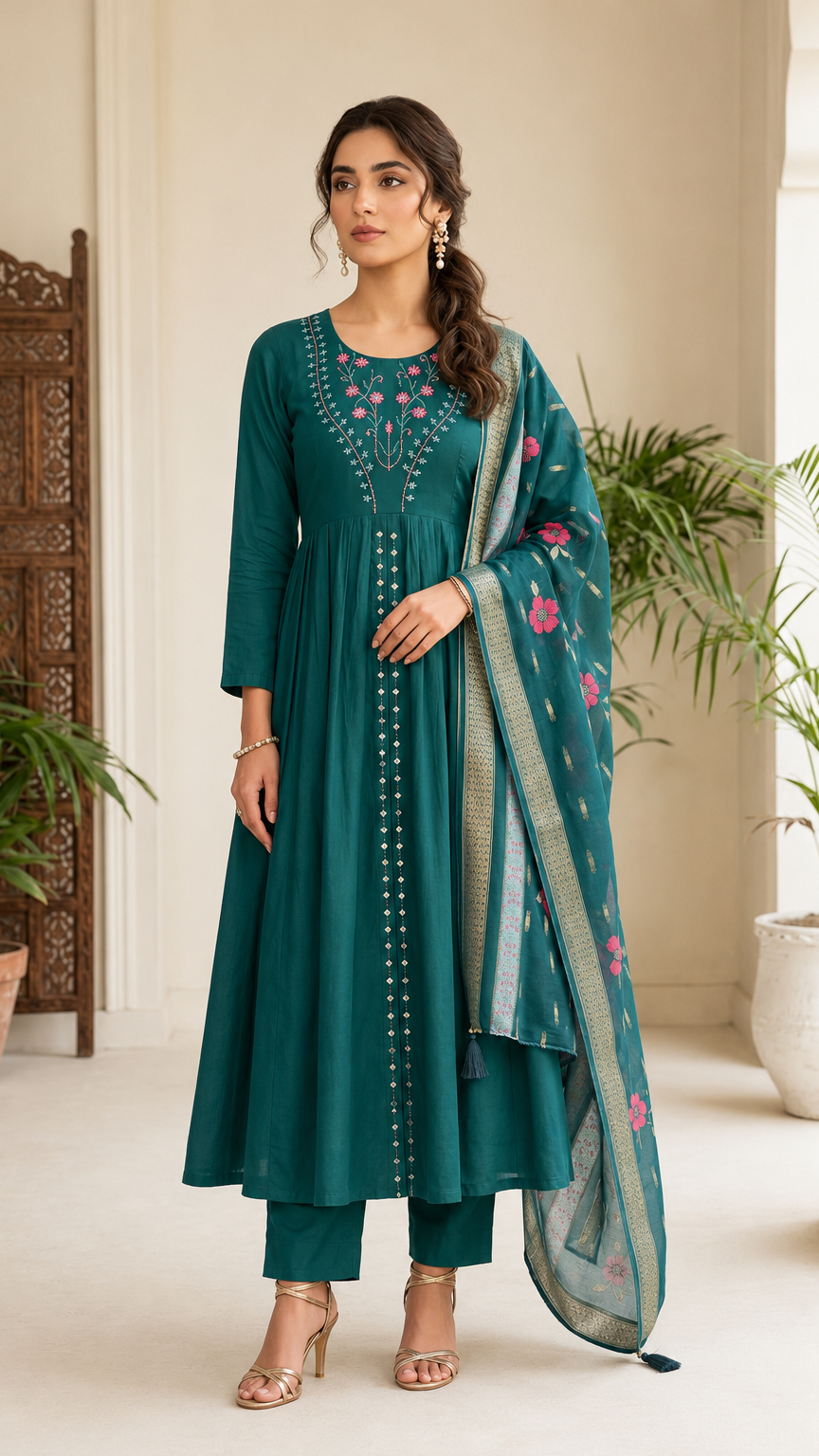 Teal green embroidered Anarkali kurta set with matching trousers and floral dupatta for women’s ethnic wear