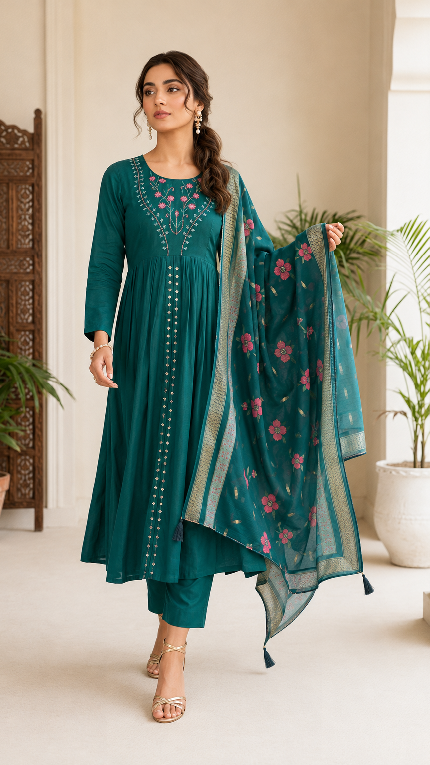 Teal green embroidered Anarkali kurta set with matching trousers and floral dupatta for women’s ethnic wear