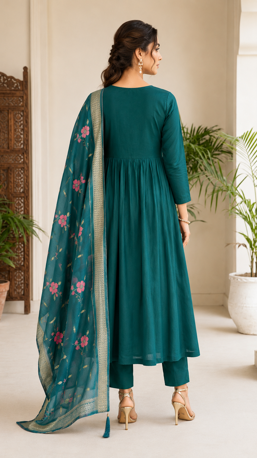 Teal green embroidered Anarkali kurta set with matching trousers and floral dupatta for women’s ethnic wear