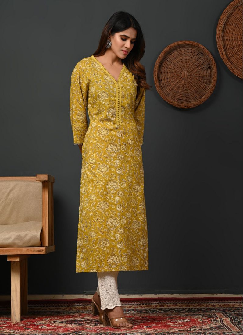 Mustard Printed Cotton Straight Cut Kurti