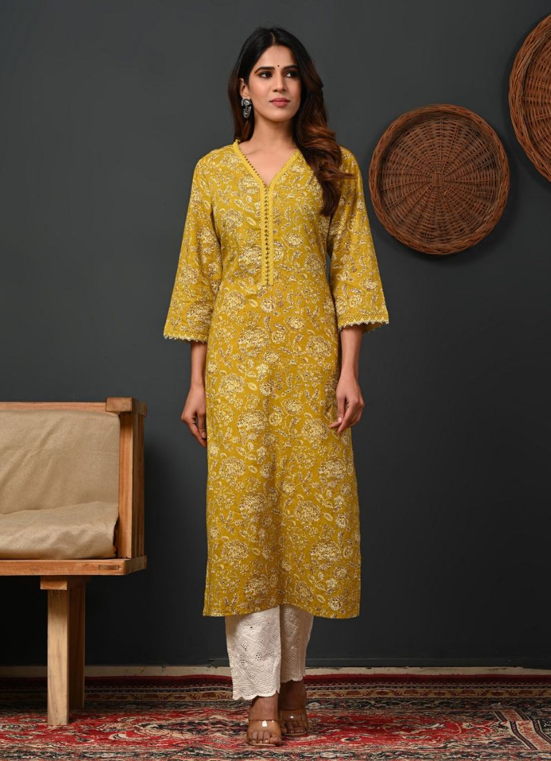 Mustard Printed Cotton Straight Cut Kurti