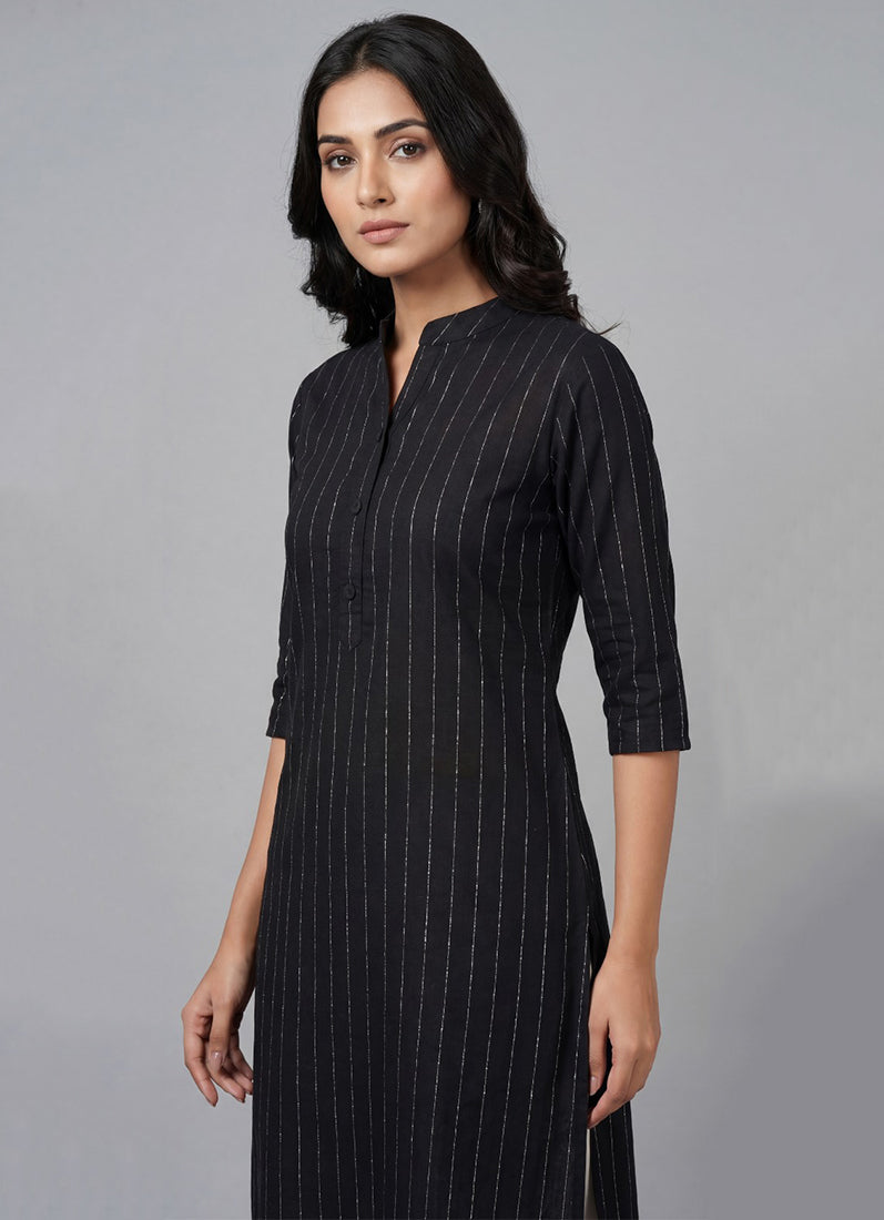 Black Cotton Lurex Straight Cut Kurti