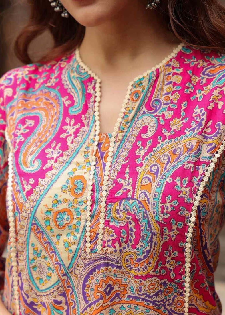 Pink Cotton Printed Kurti
