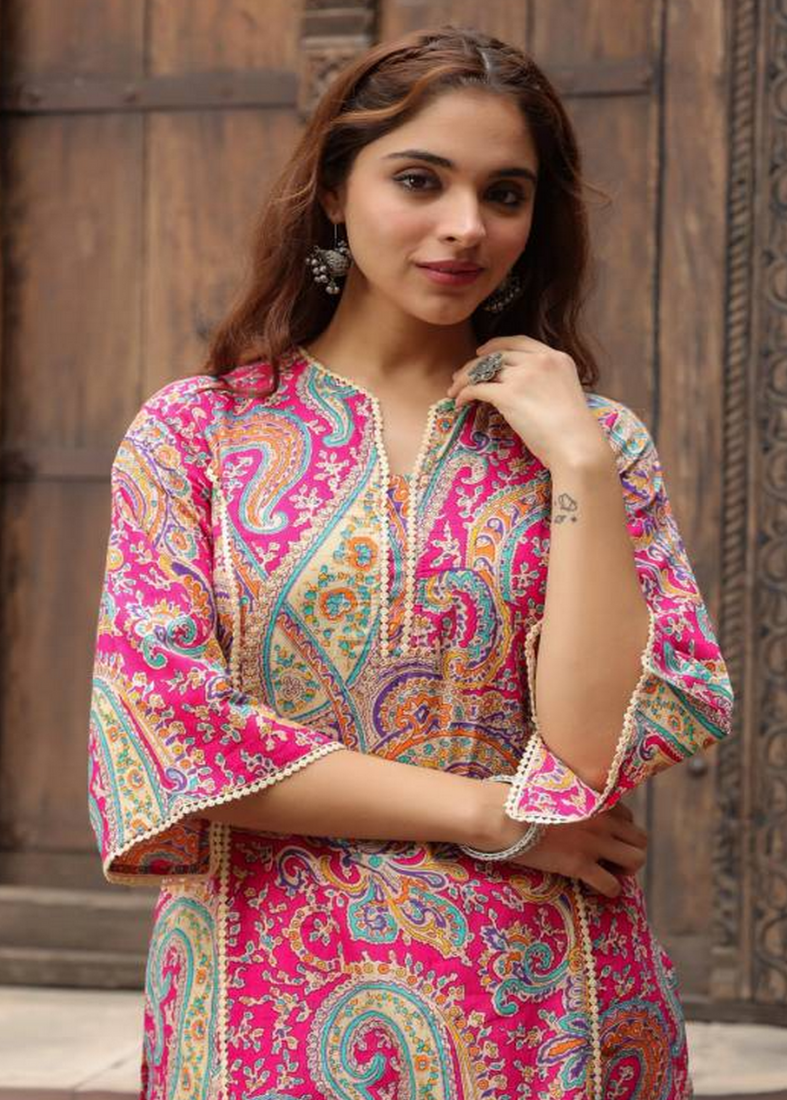 Pink Cotton Printed Kurti