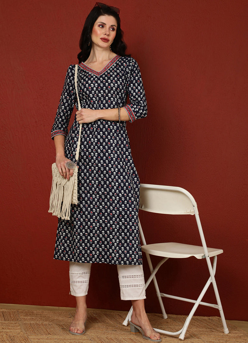Blue Cotton Straight Cut Kurti