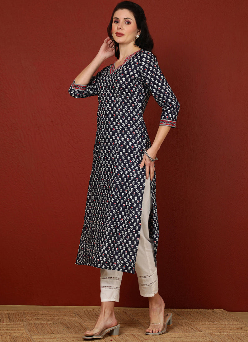 Blue Cotton Straight Cut Kurti