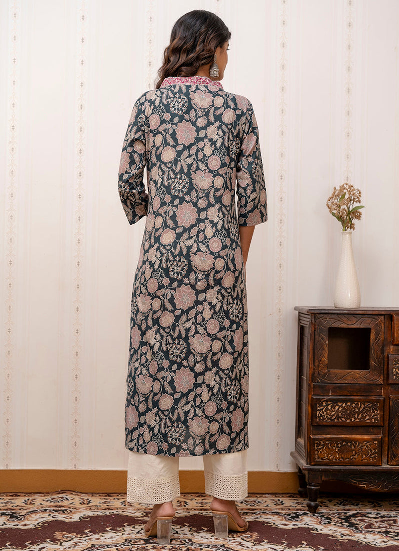 Green Cotton Straight Cut Kurti
