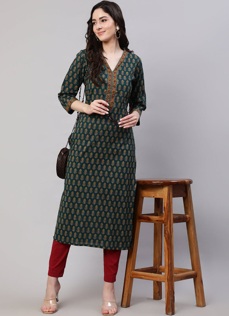 Dark Green Cotton Straight Cut Kurti