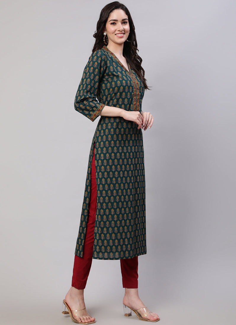 Dark Green Cotton Straight Cut Kurti