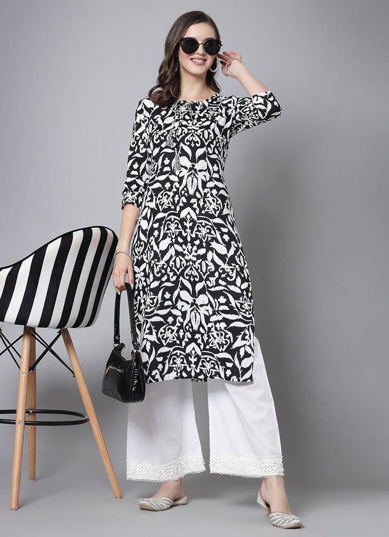 Black-White Cotton Straight Cut Kurti