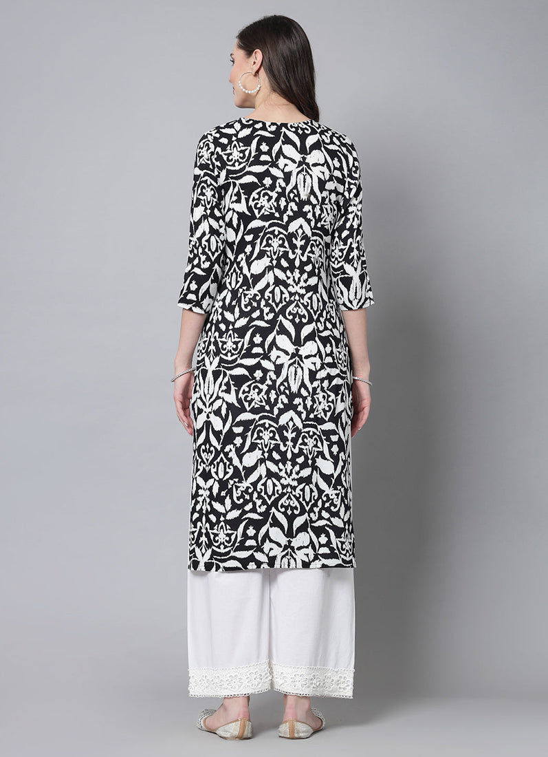 Black-White Cotton Straight Cut Kurti