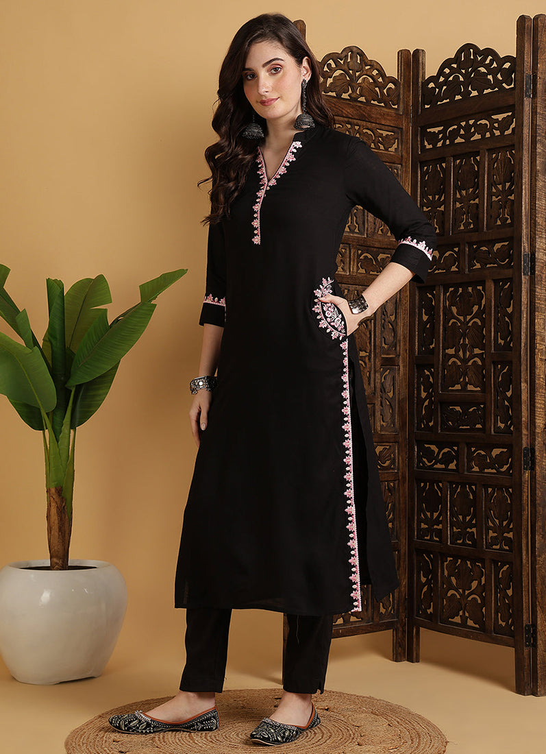 Black Rayon Straight Cut Kurti