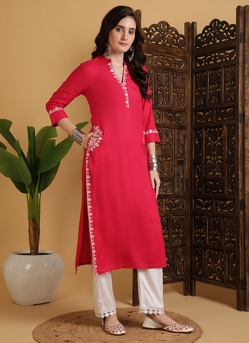 Rosy Pink Rayon Straight Cut Kurti
