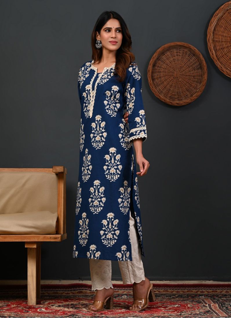 Blue Printed Cotton Straight Cut Kurti